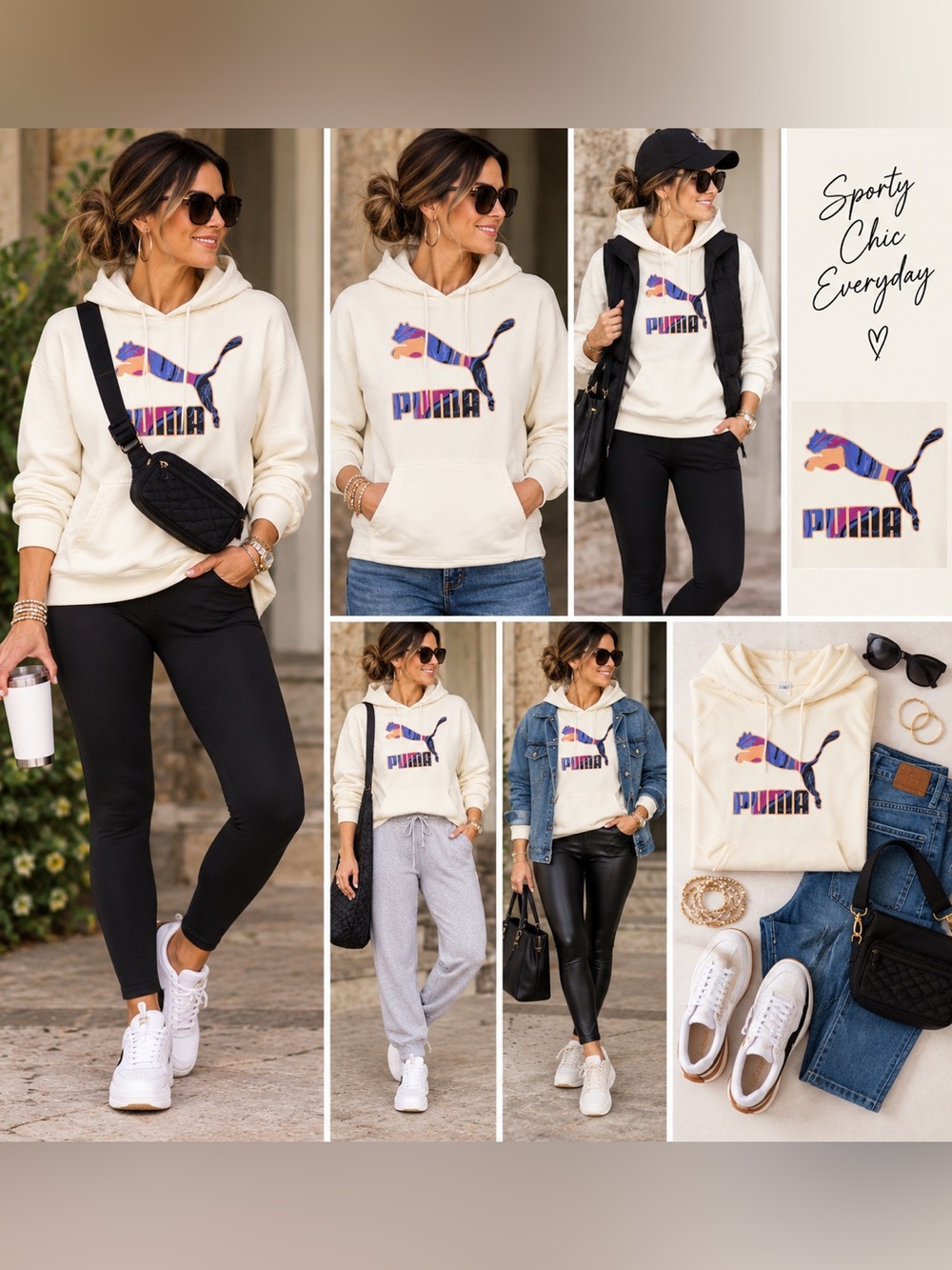 Puma Women's Cream Hoodie with Multicolor Logo